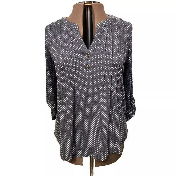 Fred David. Size L. Stretch. Pintucks. Button Placket. Gray/blue. Top. B112 - Picture 1 of 7